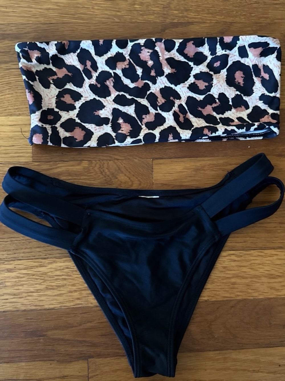 Women’s Two-Piece Swim Set - Black Bikini Bottom & Leopard Bandeau